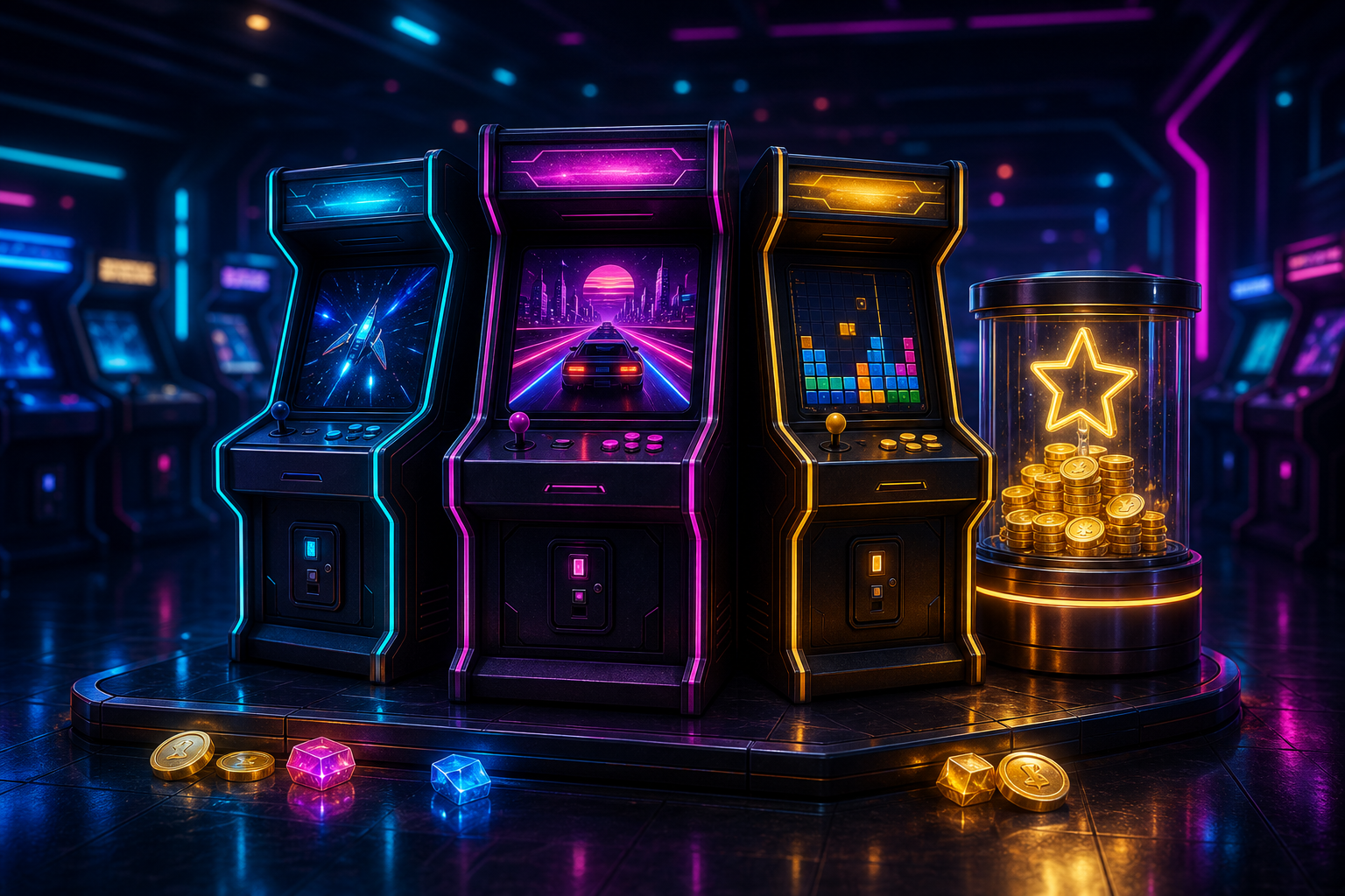 Neon arcade cabinets glowing in a futuristic arcade