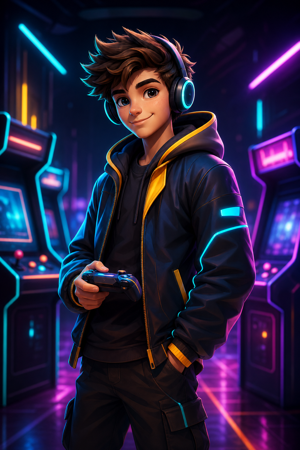 Neon arcade player ready to play